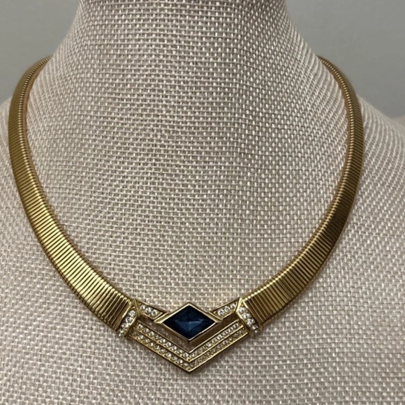 Vintage Christian Dior Elegant Gold Necklace with Deep Blue Detail